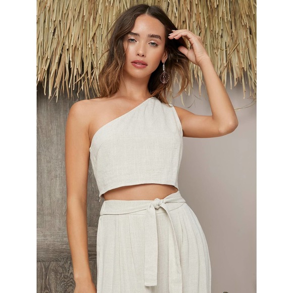 2 piece set: One Shoulder Crop Top & Palazzo Belted wide leg Pants Set black - Picture 5 of 6